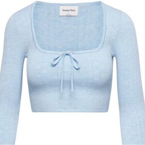 Aritzia blue cropped long sleeve pointelle top